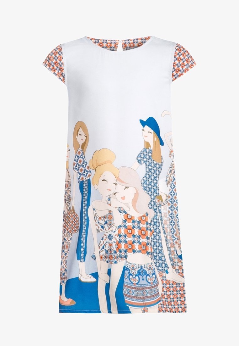 Kurzärmliges Baumwollkleid in Weiß mit bunten Illustrationen von Frauen. Mit gemusterten Ärmeln in Orange und Blau. Glatte Textur.