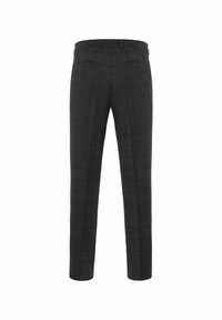 Grijze geruite broek met een getailleerde pasvorm, voorzien van twee achterzakken en een vlakke voorkant. Gemaakt van een soepele, lichtgewicht stof.