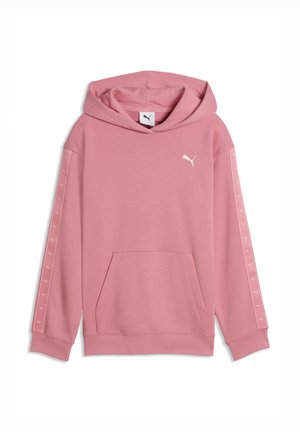 Sudadera con capucha rosa con bolsillo delantero, logo de Puma en el pecho y logos blancos de Puma a lo largo de las mangas sobre franjas rosas.