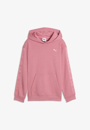 Sweat à capuche rose avec poche avant, logo Puma sur la poitrine, et logos Puma blancs le long des manches sur des bandes roses.
