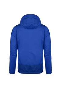 Veste à capuche bleue avec des manches longues, des poignets élastiques et un ourlet élastique légèrement plus foncé, vue de dos sur un fond blanc.