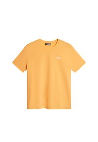 Kortärmad t-shirt i stark orange bomull med rund halsringning och en liten vit logotyp på vänster bröstområde. Slät textur.
