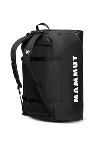 Borsa duffel nera con spallacci regolabili, dotata di un'esterno texturizzato e di un logo bianco prominente. Materiale resistente, maniglia laterale inclusa.