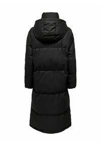Musta pehmustettu takki, jossa on huppu, lyhyet hihat, polvenpituinen leikkaus ja päällä tikattu pinta selässä.