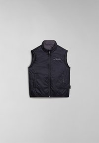 Gilet zippé noir avec col haut, design matelassé, deux poches avant, et logo discret sur la poitrine gauche. Texture lisse.