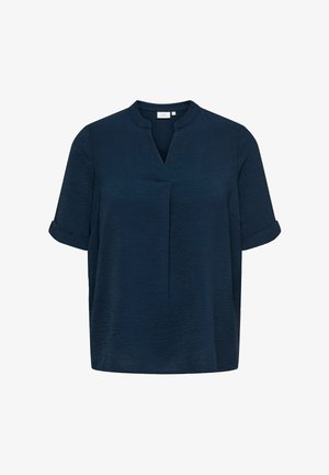 Navy blue textured short-sleeve blouse with a mandarin collar and slight V-neck opening. Sleeves have rolled cuffs.