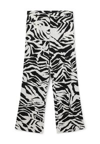 Schwarz-weiße, zebra-musterte, weit geschnittene Hosen aus leichter Stoffqualität, mit mittelhohem Bund und zwei vorderen Taschen.