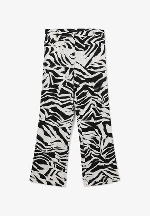 Pantaloni a gamba larga con motivo zebra in bianco e nero, realizzati in un tessuto leggero, con vita media e due tasche frontali.