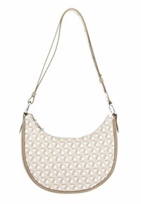 Borsa a spalla beige con un motivo triangolare testurizzato, forma curva, chiusura con zip e tracolla regolabile. Materiale sintetico liscio e bordi rifiniti.