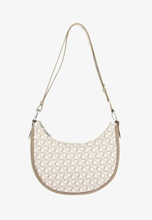 Beige schoudertas met een gestructureerd driehoekig patroon, afgeronde vorm, ritsafsluiting en verstelbare schouderband. Gladde synthetische materialen en afgewerkte randen.
