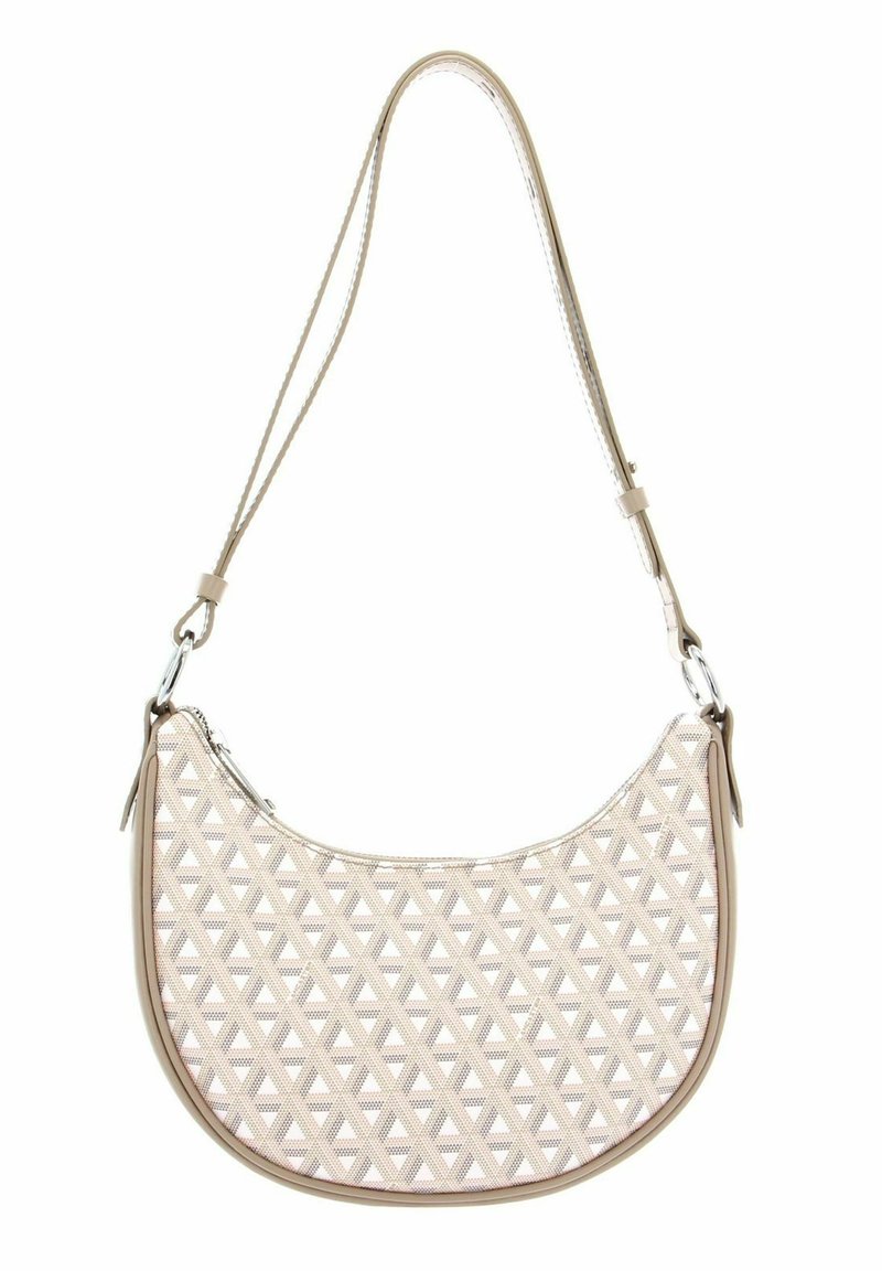Borsa a spalla beige con un motivo triangolare testurizzato, forma curva, chiusura con zip e tracolla regolabile. Materiale sintetico liscio e bordi rifiniti.