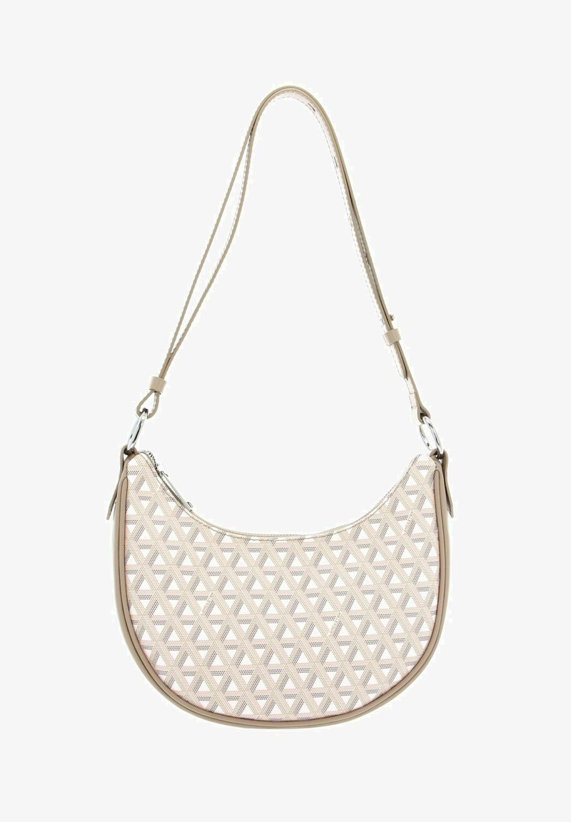 Beige Schultertasche mit strukturiertem, dreieckigem Muster, geschwungener Form, Reißverschluss und verstellbarem Tragegurt. Glattes, synthetisches Material und beschnittete Kanten.