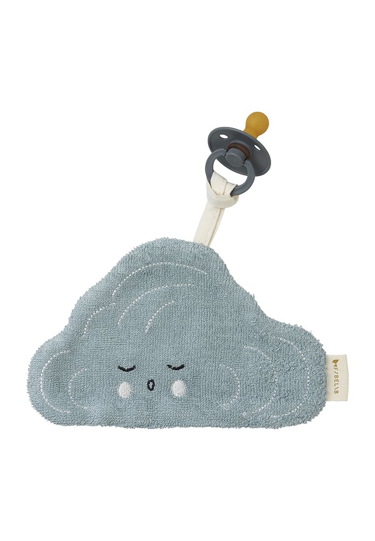 Nuage en peluche bleu doux et texturé avec un motif en relief, un visage brodé et un support de tétine attaché. Matériau en coton, design léger.