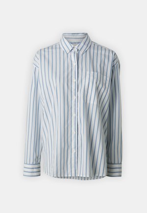 Chemise à boutons en coton léger, avec des rayures verticales bleues et blanches, une poche poitrine et des manches longues avec des poignets boutonnés.
