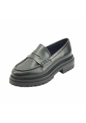 Mocassins en cuir noir avec dessus texturé, semelle plate et accents décoratifs cousus. Caractérisés par un bout large et arrondi ainsi qu'un talon bas.