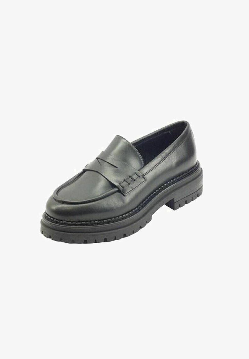 Mocassins en cuir noir avec dessus texturé, semelle plate et accents décoratifs cousus. Caractérisés par un bout large et arrondi ainsi qu'un talon bas.