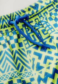Shorts de bain avec une base verte ornée de motifs géométriques bleus, taille élastique et cordon bleu pour un ajustement réglable.