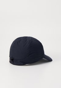 Navy blue cap with a curved brim, made from lightweight material. Features a rear adjustable toggle for fit and smooth texture.