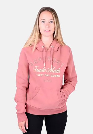 Roze katoenen hoodie met een voorvak, een trekkoord in de capuchon en printed graphic tekst in crèmekleurig, met een relaxte pasvorm en een zachte textuur.