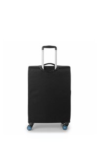Maleta negra con forma rectangular, exterior de tela, mango retráctil de aluminio y cuatro ruedas azules.