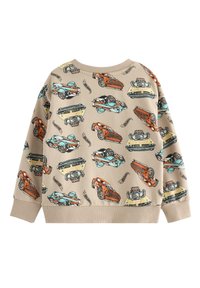 Beige sweatshirts met kleurrijke autoprints in oranje, turquoise en zwart. Geribbelde manchetten en zoomdetail. Zachte, gestructureerde stof.