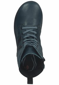 Stivale alla caviglia in pelle verde scuro con punta rotonda, chiusura lace-up frontale e zip laterale. Presenta una superficie testurizzata e un rivestimento in tessuto.