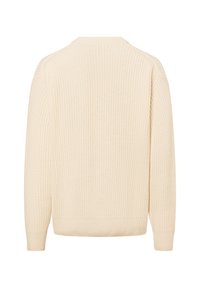 Cream-colored knitted sweater with a textured pattern, round neckline, and ribbed cuffs and hem. Back view showcases simple design.