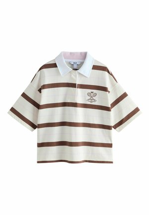 Polo à manches courtes avec larges rayures horizontales marron, col blanc et logo brodé sur le thème du tennis sur la poitrine gauche.