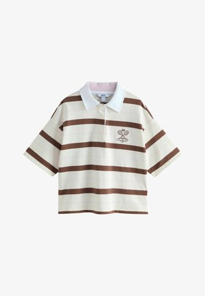 Polo à manches courtes avec larges rayures horizontales marron, col blanc et logo brodé sur le thème du tennis sur la poitrine gauche.