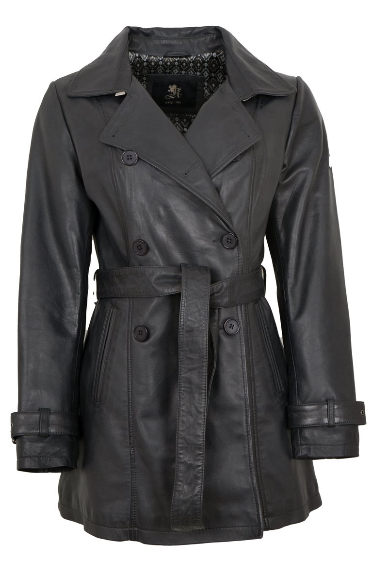 Schwarzer Leder-Trenchcoat mit doppelt geknöpften Knöpfen, weitem Kragen, taillierter Taille und strukturiertem Stoff. Gefüttert mit einem gemusterten Innenfutter.