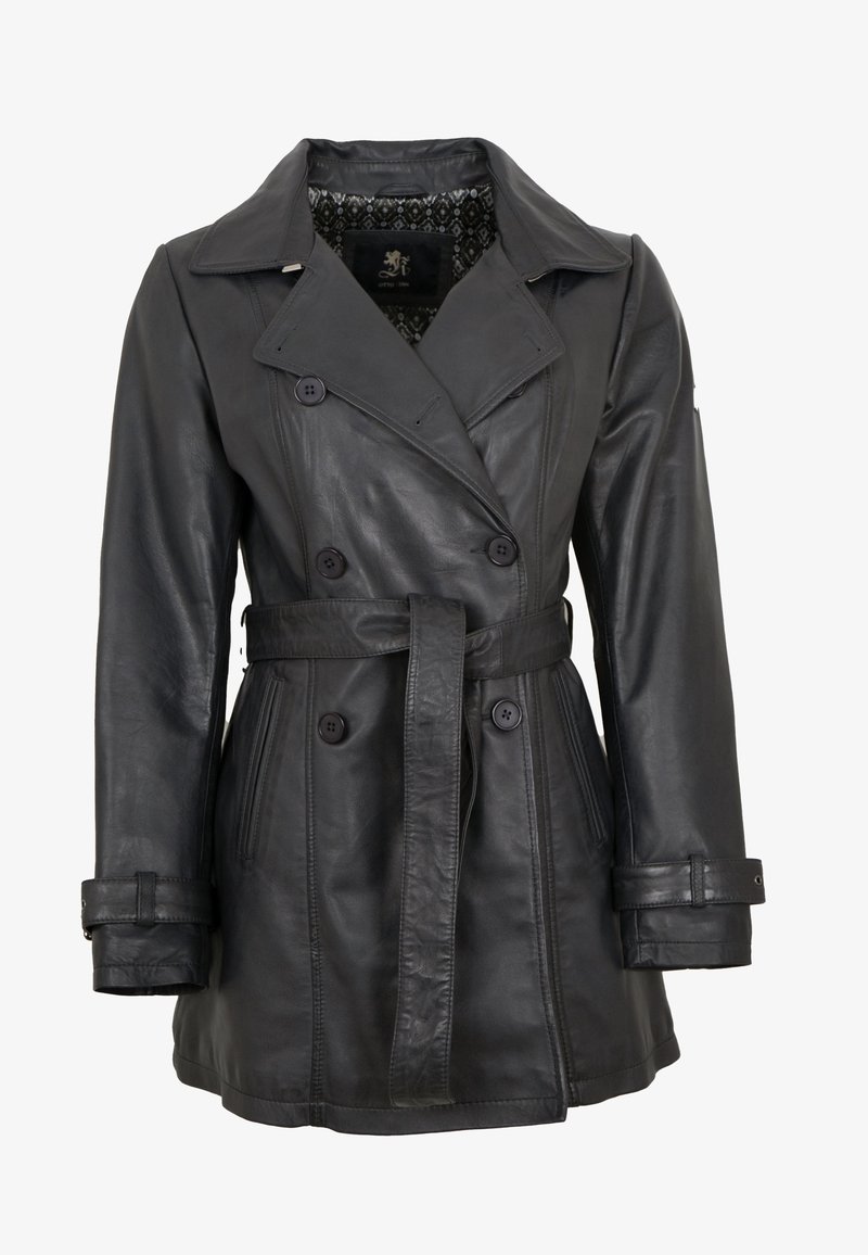 Black leather trench coat with double-breasted buttons, wide collar, belted waist, and textured fabric. Lined with a patterned inner.