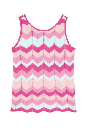 Sleeveless tank top featuring a chevron pattern in shades of pink and light blue, made of a textured knit material.