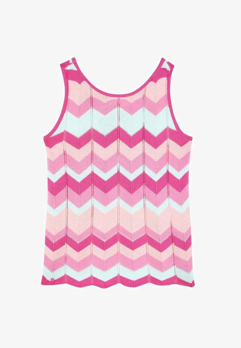 Hihaton toppi, jossa on viistokuvio pinkin ja vaaleansinisen sävyissä, valmistettu teksturoidusta neulekankaasta.