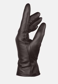 Juodas odinis pirštinė su prigludusia dizainu, pasižyminti mobiliais pirštais ir lygiu paviršiumi. Pirštinė turi švarų, be siūlių apdailą.