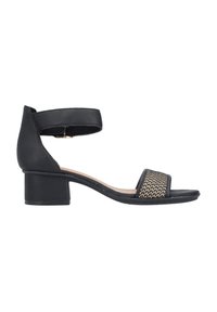 Schwarze Absatzsandalen verfügen über einen breiten Zehenriemen mit geflochtenen Details, einen Knöchelriemen und einen niedrigen Blockabsatz für Stabilität.