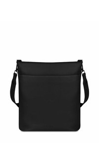 Černá kožená taška přes rameno s hladkým povrchem, vybavená jedním nastavitelným popruhem a přední kapsou na zip. Minimalistický design, obdélníkový tvar.