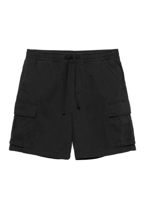 Short cargo en coton noir avec taille élastique, cordon de serrage, poches latérales à rabats et poches avant inclinées, présenté à plat sur fond blanc.