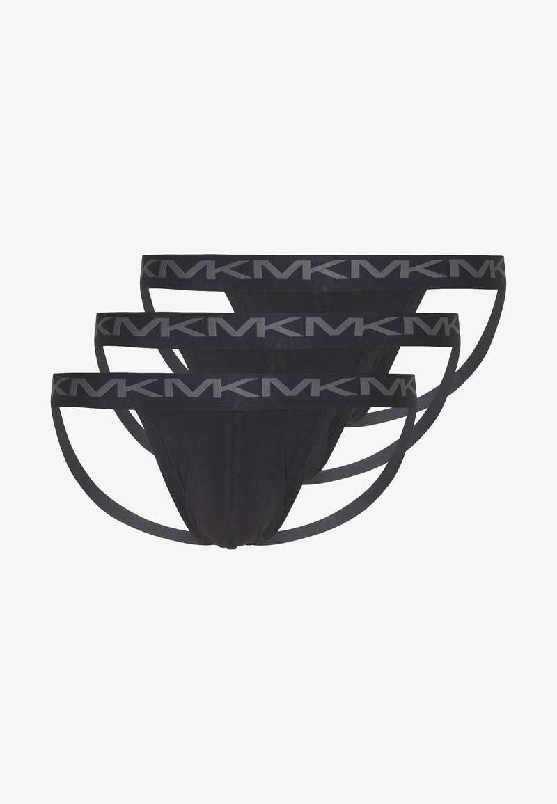 Három fekete férfi alsónadrág pamutból. Széles gumis derekuk szürke logóval rendelkezik. Mindegyik alsónadrág minimalista dizájnnal és anyagtextúrával bír.