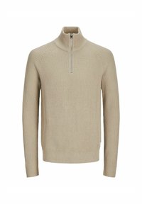 Maglione beige a coste con colletto alto e zip a quarti. Presenta maniche lunghe e orlo dritto. Realizzato in tessuto testurizzato.