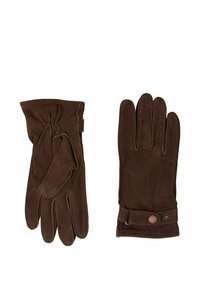 Brune ruskindshandsker med et tætsiddende design, der har en indsnævret håndledsdel og en justerbar rem med metalknap som pynt.