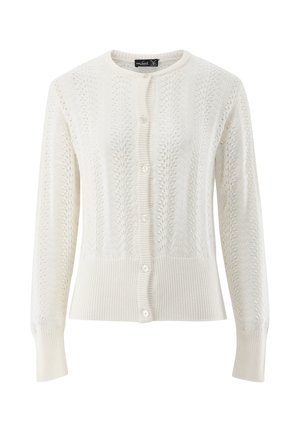 Weißer, gestrickter Cardigan mit langen Ärmeln, durchgehender Knopfleiste, gerippten Bündchen und Saum, mit einem zarten Blattmuster.