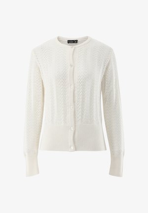 Weißer, gestrickter Cardigan mit langen Ärmeln, durchgehender Knopfleiste, gerippten Bündchen und Saum, mit einem zarten Blattmuster.