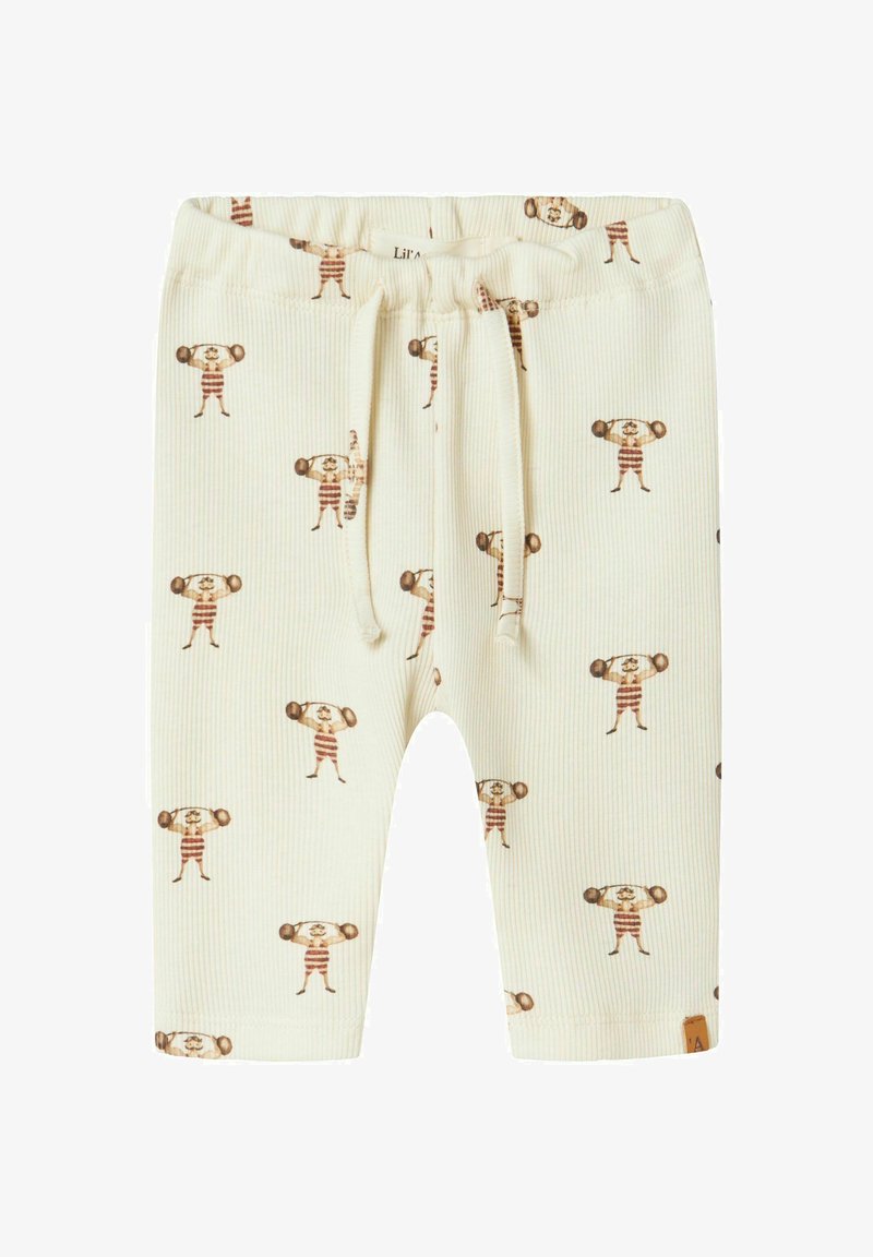 Kremowe, prążkowane spodnie dla małych dzieci z elastycznym pasem i sznurkiem, ozdobione małymi vintage'owymi postaciami strongmanów podnoszących ciężary.