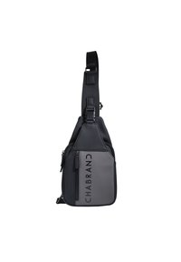 Borsa a tracolla nera e grigia, caratterizzata da un materiale testurizzato, tracolla regolabile, tasca frontale con zip e il logo audace "CHABRAND".