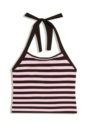 Top court à col halter avec bretelles nouées, présentant des rayures horizontales noires et roses, en tissu tricoté.