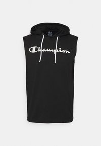 Černá sleeveless mikina s kapucí z bavlny, s přední kapsou ve stylu klokanky, bílými stahovacími šňůrkami a velkým bílým logem "Champion" přes hruď.
