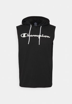 Černá sleeveless mikina s kapucí z bavlny, s přední kapsou ve stylu klokanky, bílými stahovacími šňůrkami a velkým bílým logem "Champion" přes hruď.