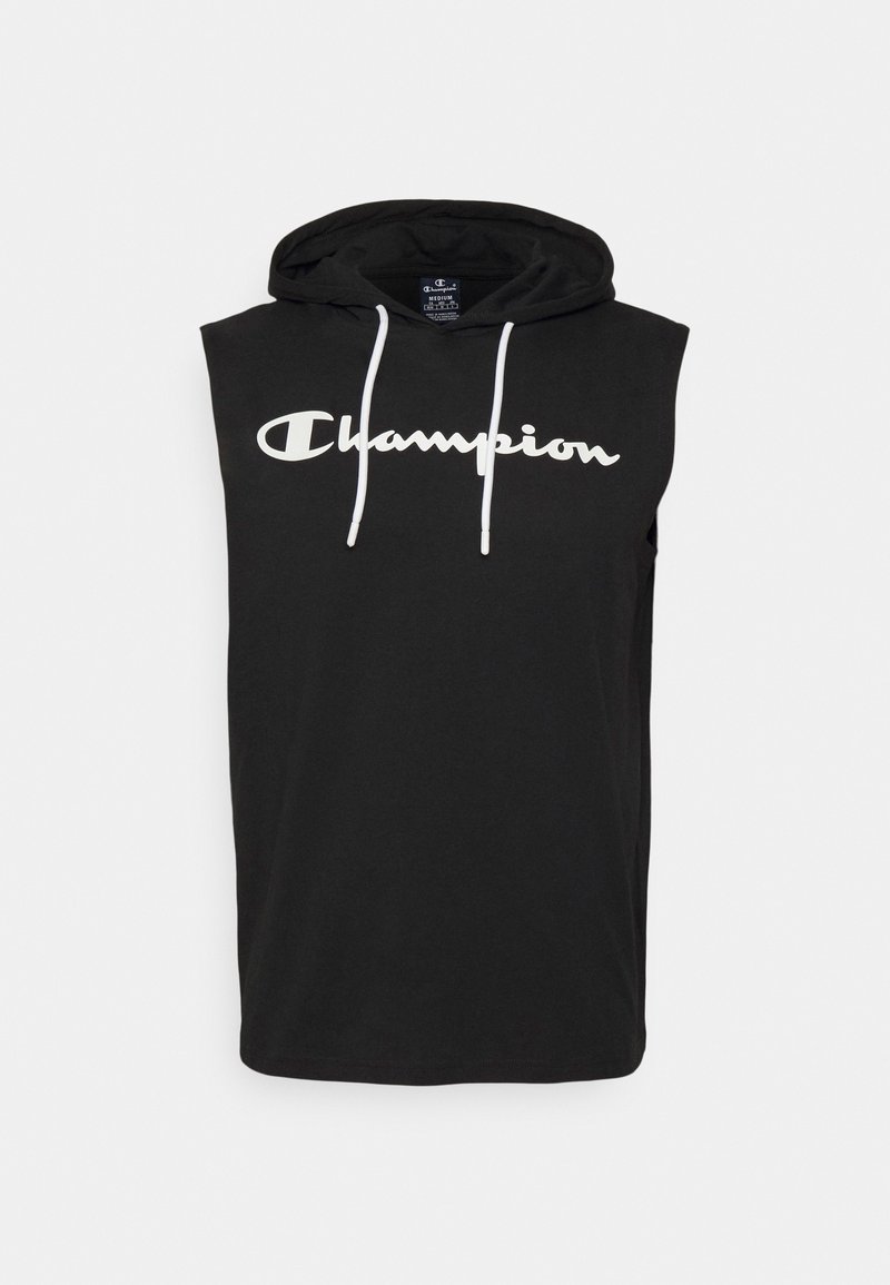 Černá sleeveless mikina s kapucí z bavlny, s přední kapsou ve stylu klokanky, bílými stahovacími šňůrkami a velkým bílým logem "Champion" přes hruď.