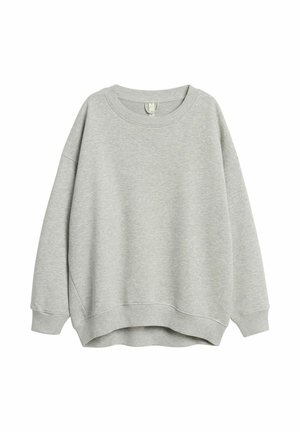 Lichtgrijze sweatshirt met lange mouwen, ronde hals, geribbelde boorden en zoom, licht losvallende pasvorm en een eenvoudig ontwerp op een witte achtergrond.