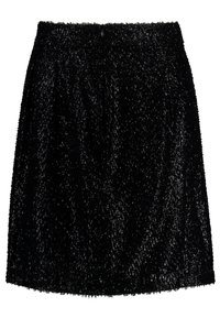 Jupe noire à franges avec une surface texturée. Taille élastique et longueur au-dessus du genou. Apparence brillante en matériau synthétique.